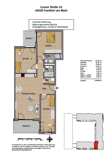 Etagenwohnung Frankfurt am Main Niederrad - 4 Zimmer, 111 m&sup2;, 1.865&euro; | Angebot:26380842