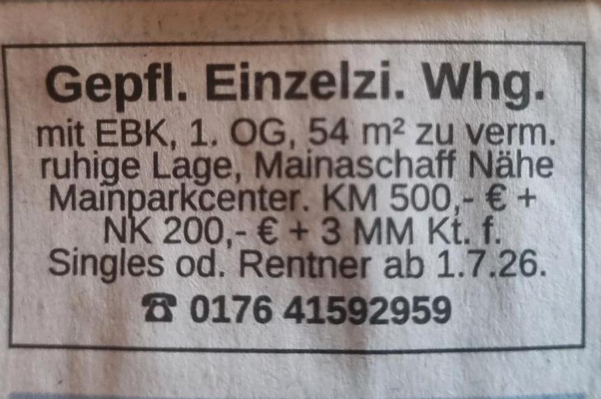 Etagenwohnung Mainaschaff - 1 Zimmer, 54 m&sup2;, 500&euro; | Angebot:26661507