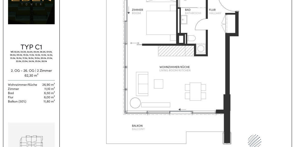 Etagenwohnung Frankfurt am Main Gallus - 2 Zimmer, 62 m&sup2;, 650.000&euro; | Angebot:26004288