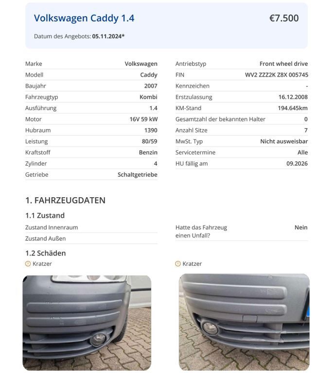 VW Caddy 194.645 km 7.500 € Rodgau / Nieder-Roden 63110