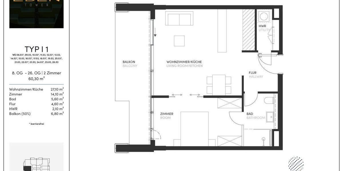 Etagenwohnung Frankfurt am Main Gallus - 2 Zimmer, 60 m&sup2;, 630.000&euro; | Angebot:26003128