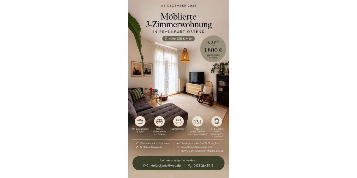 Etagenwohnung Frankfurt am Main Ostend - 3 Zimmer, 80 m&sup2;, 1.500&euro; | Angebot:27462965