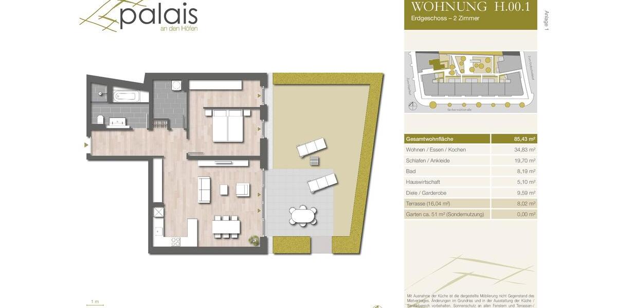 Erdgeschoßwohnung Frankfurt am Main Sachsenhausen - 2 Zimmer, 85 m&sup2;, 1.495&euro; | Angebot:26235187