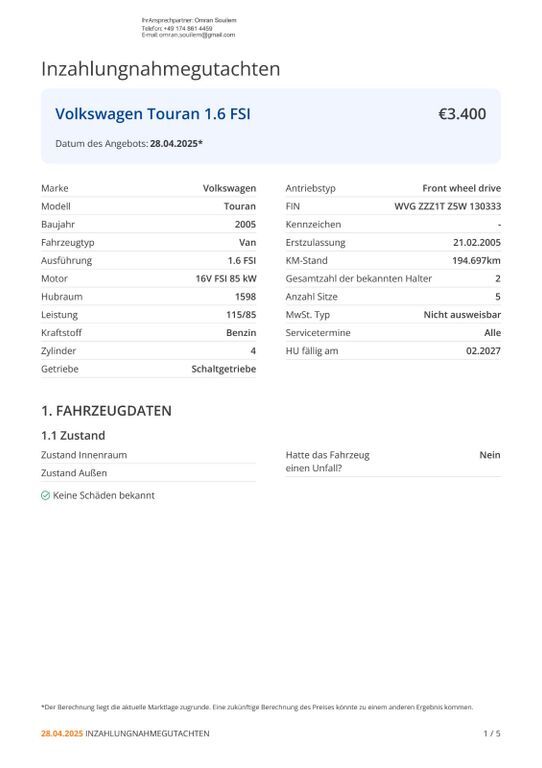 VW Touran 195.000 km 3.400 € Rodgau / Nieder-Roden 63110