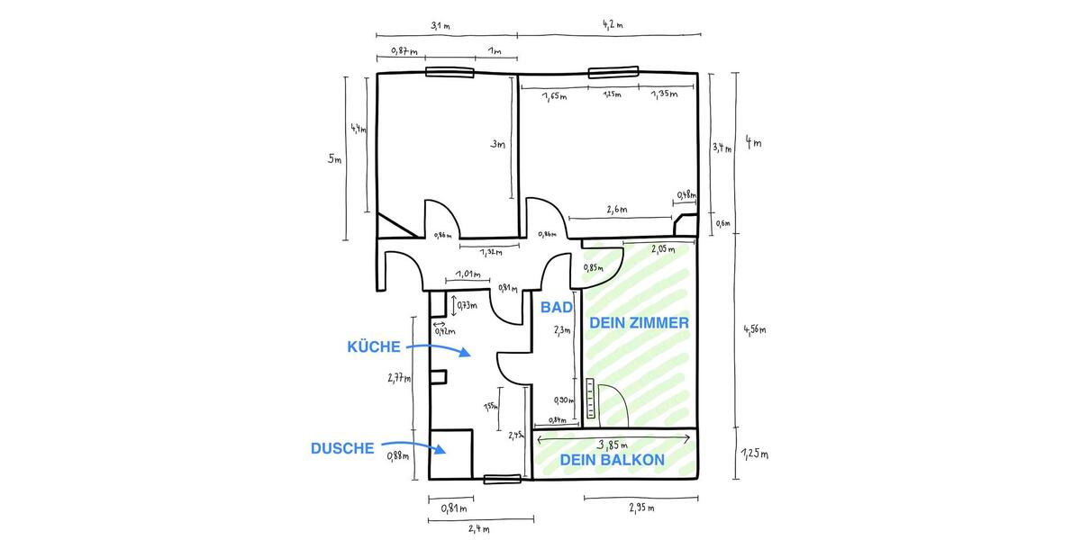 Ruhiges WG-Zimmer mit Balkon (Zentral, 3er WG) 1 zimmer