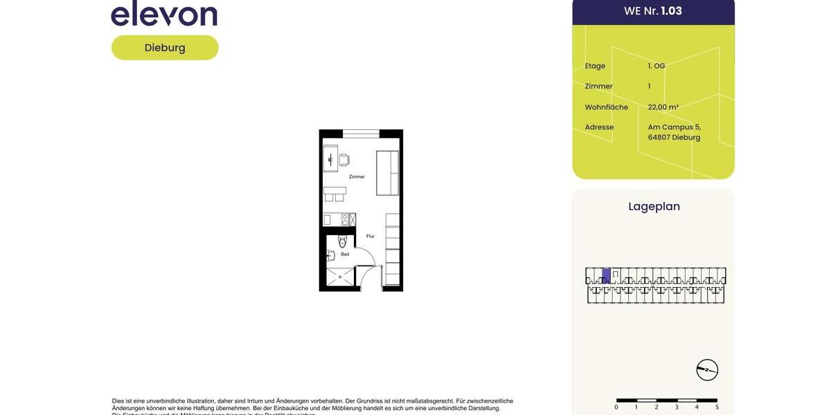 Etagenwohnung Dieburg - 1 Zimmer, 22 m&sup2;, 404&euro; | Angebot:23038408